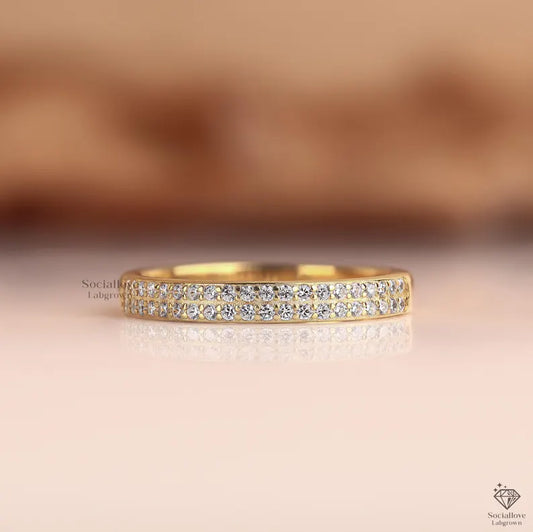 Lab Grown Diamond Wedding Band for Women - 2 Row Pave Set Half Eternity Ring - IGI Certified - 14K Gold Comfort Fit Anniversary Band