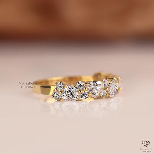 Unique Cluster Diamond Ring, Trillion Cut Lab Diamond Wedding Band, Asymmetric Stacking Ring, 14k Solid Gold Bridal Ring, Anniversary Gift for Her.
