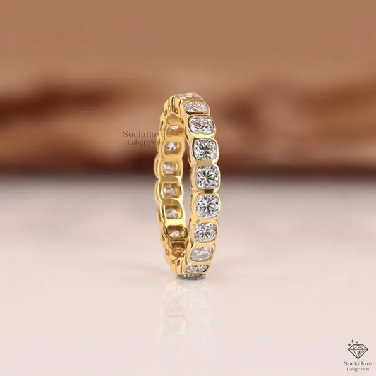 Full Eternity Cushion Diamond Band Bezel Set Lab Diamond Ring 14K Gold Bridal Wedding Band Matching Anniversary Gift for Women.