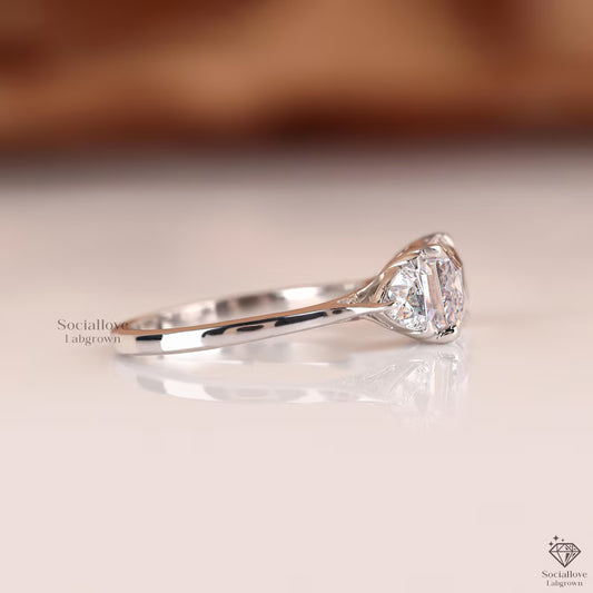 East West Emerald Cut Lab Diamond Engagement Ring Three Stone Trilogy Ring Trillion Side Diamonds 14K Gold Anniversary Gift Modern Bridal Jewelry.