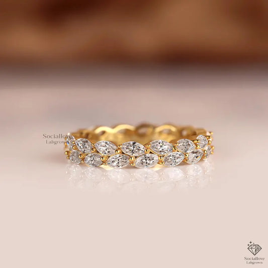 Double Row Marquise Diamond Wedding Band, Lab Grown Diamond Eternity Ring, 14k Gold Stacking Band, Unique Matching Ring, Handmade Jewelry Anniversary Gift for her.