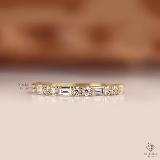 Emerald and Round Diamond Band, Lab Grown Half Eternity Band, Matching Band for Engagement Ring, Matching Stackable Band, Bridal Ring Set Anniversary Gift for her.