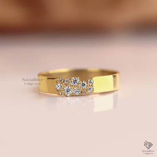 Diamond Cigar Band Ring for Women, Flush Set Lab Grown Diamond Cluster Ring, 14K Gold Wide Wedding Band, Stackable Modern Statement Ring.