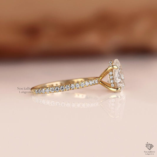 Pear Cut Lab Grown Diamond Engagement Ring - IGI Certified 1-3 CT - Hidden Halo & Pave Set Solitaire - 14K Gold Wedding Ring for Her.