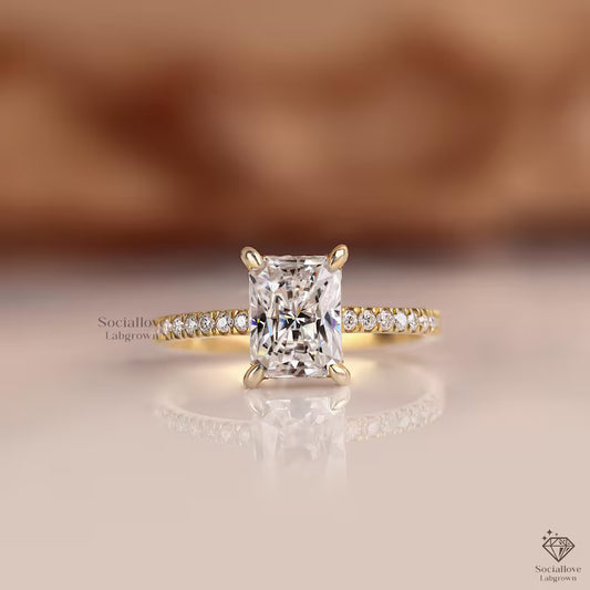 IGI Certified Radiant Cut Lab Grown Diamond Ring Pave Set Hidden Halo Engagement Ring 14K Gold 0.5 - 3 CT Solitaire Diamond with Side Stones Anniversary Gift for her.