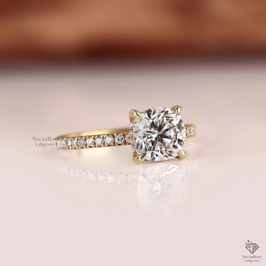 Certified Cushion Lab Grown Diamond Ring - Hidden Halo & Pavé Setting - 14K/18K Gold Unique Engagement Ring Gift for women.