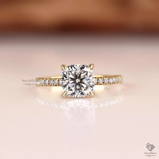 Certified Cushion Lab Grown Diamond Ring - Hidden Halo & Pavé Setting - 14K/18K Gold Unique Engagement Ring Gift for women.