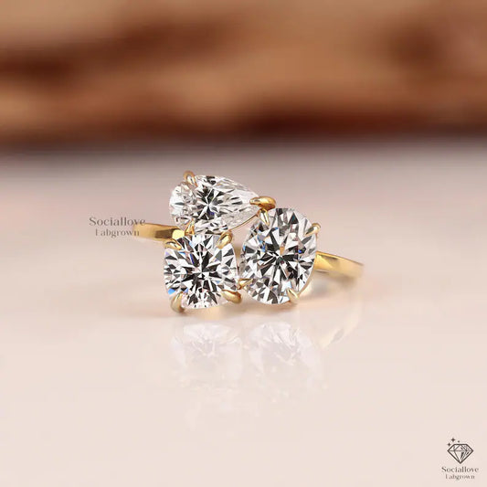 Modern Three Stone Toi et Moi Lab Diamond Ring Oval Cushion & Pear Cut Engagement Ring 14K Solid Gold Anniversary Gift for her.