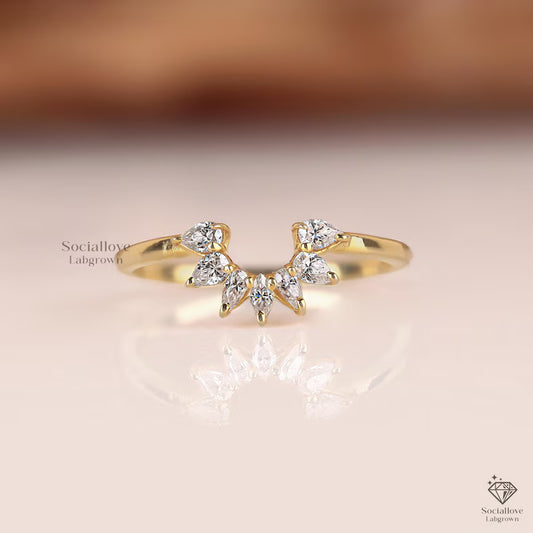 Pear Cut Lab Grown Diamond U-Shape Wedding Band 14K Gold Curved Half Eternity Ring Minimalist Pear Diamond Nesting Band Gift for Her.
