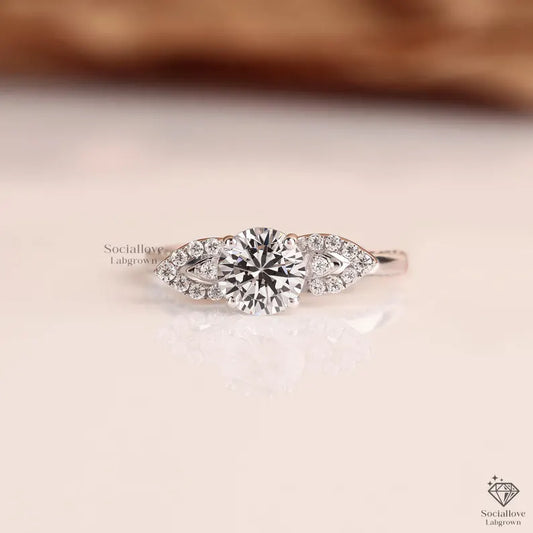 Round Cut Lab Grown Diamond Engagement Ring Marquise Side Stone Cluster IGI Certified 14K Gold Vintage Pave Ring Gift for Women.