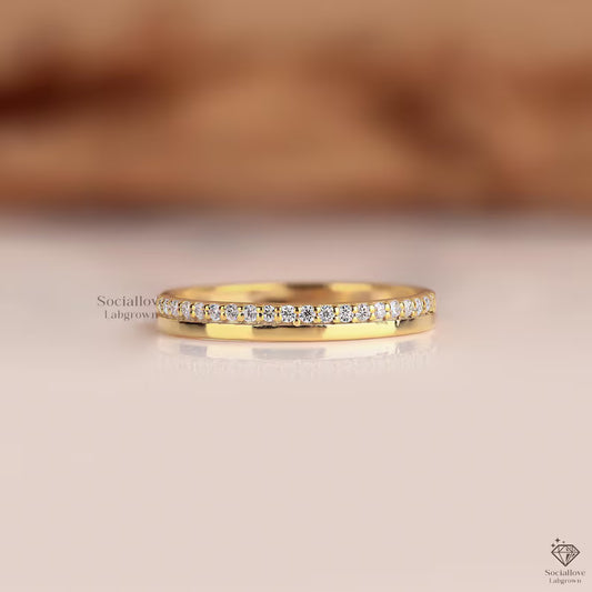 14K Gold Lab Grown Diamond Pave Wedding Band Half Eternity Stackable Ring Minimalist Comfort Fit Bridal Band Gift for Her.