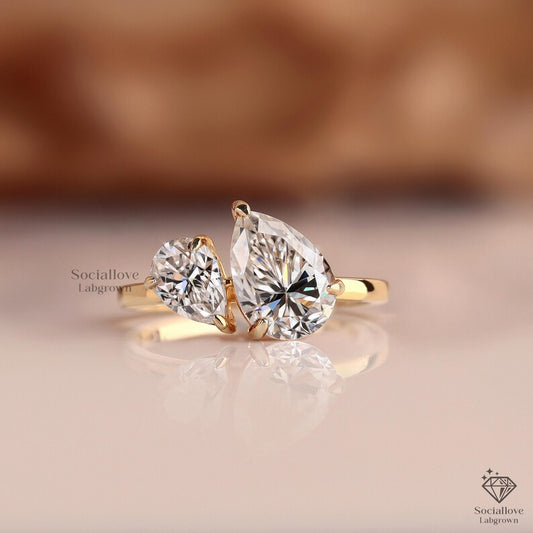 Toi et Moi Double Pear Cut Lab Grown Diamond Ring IGI Certified E VS1 Two-Stone Ring 14K Gold You and Me Engagement Ring Gift for her.