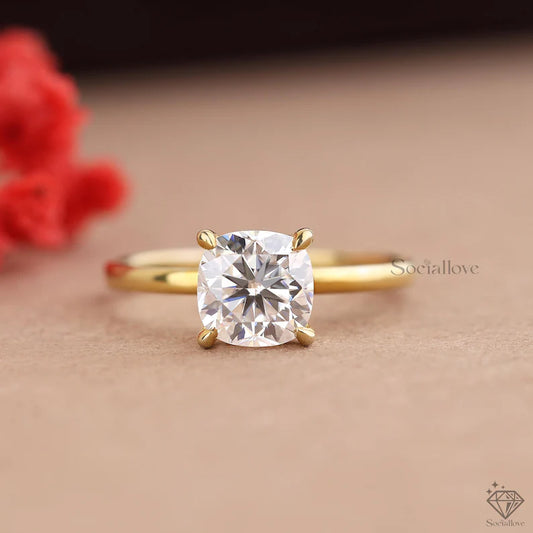 4CT Cushion Cut Solitaire Wedding Ring | Lab Grown Diamond Hidden Halo | 14K Gold Ethical Jewelry Anniversary Gift for her.