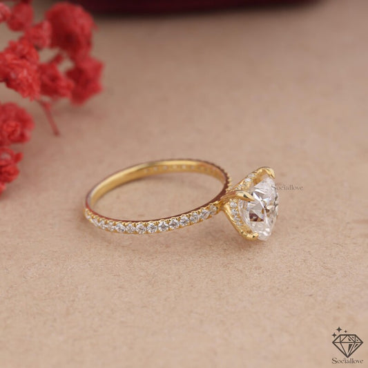 14K Solid Gold Heart Cut Solitaire Ring | Brilliant Pave Diamond Band | Unique Heart Shaped Gemstone Engagement Ring | Anniversary Gift for Her.