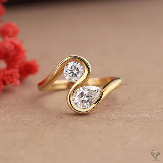 Toi et Moi Lab Grown Diamond Ring Round & Pear Cut Bezel Set Bypass Ring 14K Gold Two Stone Engagement Ring Modern Promise Ring for Women.