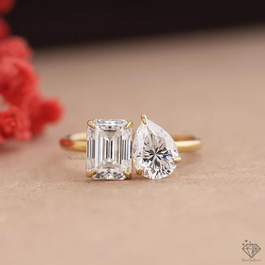 IGI Certified Emerald & Pear Cut Toi et Moi Ring 14K Yellow Gold Lab Grown Diamond Two Stone Engagement Ring The "You & Me" Minimalist Ring Gift for her.
