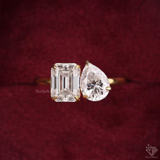 IGI Certified Emerald & Pear Cut Toi et Moi Ring 14K Yellow Gold Lab Grown Diamond Two Stone Engagement Ring The "You & Me" Minimalist Ring Gift for her.