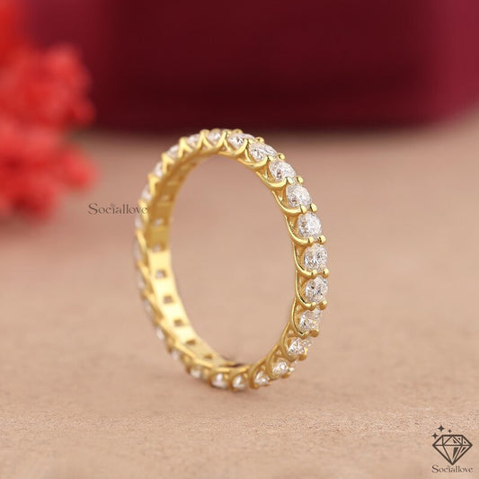 14k Yellow Gold U-Prong Round Cut Full Eternity Band Certified Matching Stackable Wedding Ring Thick Diamond Simulant Band Gift for her.