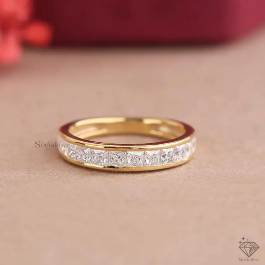 2.5mm Princess Cut Lab Diamond Wedding Band 14K Yellow Gold Half Eternity Ring Stackable Bridal Band Sustainable Matching Ring for Her Promise Ring Anniversary Gift for her.