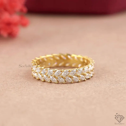Marquise Cut Lab Diamond Leaf Band - 14K Gold Vine Eternity Ring - Nature Inspired Prong Set Anniversary Ring Gift for her.