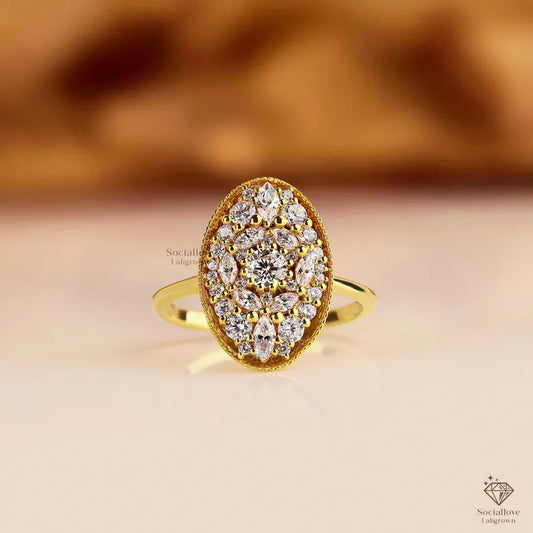 Oval Mosaic Engagement Ring, Lab Grown Diamond Vintage Ring, Art Deco Ballerina Cluster Ring, Unique Wedding Ring, Anniversary Gift for Her.