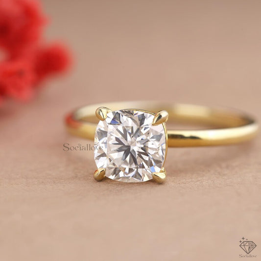 4CT Cushion Cut Solitaire Wedding Ring | Lab Grown Diamond Hidden Halo | 14K Gold Ethical Jewelry Anniversary Gift for her.
