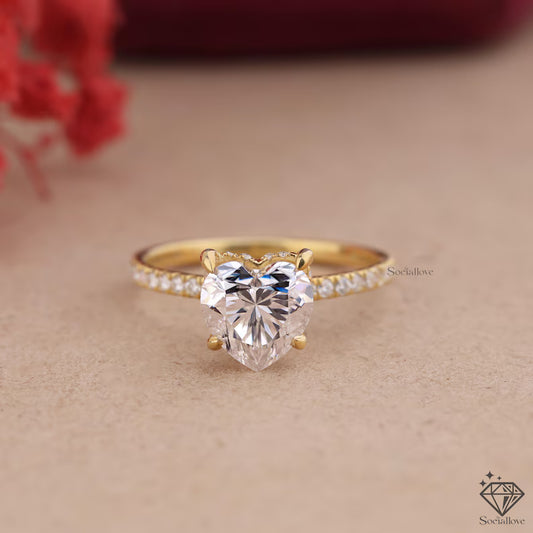 14K Solid Gold Heart Cut Solitaire Ring | Brilliant Pave Diamond Band | Unique Heart Shaped Gemstone Engagement Ring | Anniversary Gift for Her.