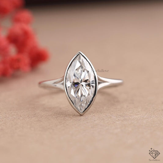 Marquise Lab Grown Diamond Engagement Ring | Bezel Set Solitaire in 14K White Gold | Modern Ethical Wedding Ring | Marquise Promise Ring for Her.