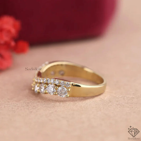 Certified Lab Grown Diamond Curved Wedding Band Double Row Contour Ring 14K Gold Stackable Chevron Guard Matching Anniversary Band for Her.