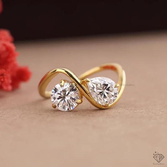 Round & Pear Cut Toi et Moi Ring 14K Yellow Gold Twist Band Two Stone Lab Grown Diamond Ring Unique Promise Ring & Anniversary Gift for Her.