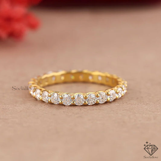 14k Yellow Gold U-Prong Round Cut Full Eternity Band Certified Matching Stackable Wedding Ring Thick Diamond Simulant Band Gift for her.