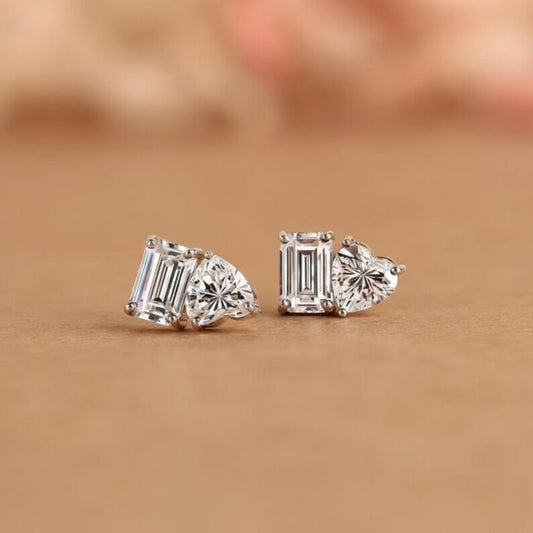 Toi et Moi Lab Grown Diamond Stud Earrings 0.80 CT Heart & Emerald Cut 14k Gold Screw Back Studs Valentine Day Gift for her.