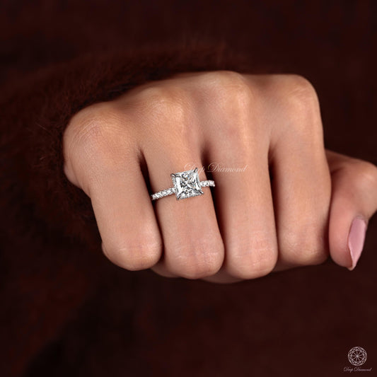 2.5 CT Princess Cut Lab Grown Diamond Ring | Hidden Halo Solitaire Engagement Ring | IGI Certified | Comfort Fit Wedding Ring Gift