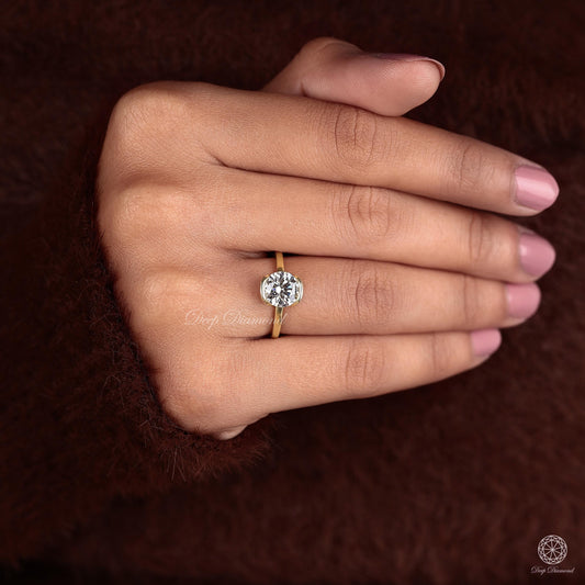 Round Diamond Solitaire Ring, 1 - 2 CT Half Bezel set Excellent cut Lab Grown Diamond Ring, Engagement Ring For Wedding Band, Bridal Ring