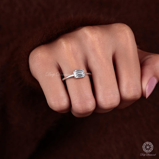 East to West Emerald Diamond Engagement Ring, 1 - 3 Ct IGI Certified Lab Created Diamond Ring, 14k White Gold Solitaire Ring, Proposal Ring