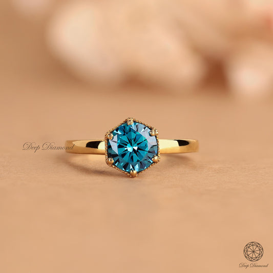 Blue Lab Grown Diamond Ring, Round Fancy cut Vivid Blue Diamond Engagement Ring, Milgrain Solitaire Ring, Colored Diamond Wedding Ring Gift