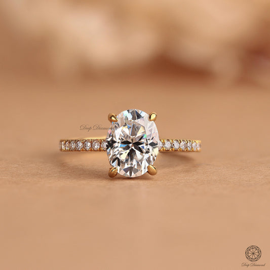 Oval Diamond Hidden Halo Ring, IGI Certified 1 to 3 Ct Lab Created Diamond Engagement Ring, Side Pave set Ring, Anniversary/Proposal Ring