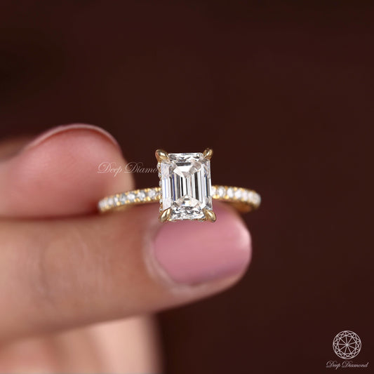 Emerald cut Lab Grown Diamond Ring, Hidden Halo Engagement Ring, IGI Certified 0.50 - 3 CT Lab Diamond Wedding Ring, Pave set Solitaire Ring
