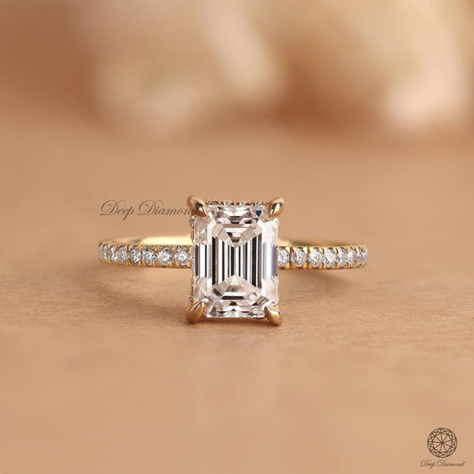 Emerald cut Lab Grown Diamond Ring, Hidden Halo Engagement Ring, IGI Certified 0.50 - 3 CT Lab Diamond Wedding Ring, Pave set Solitaire Ring