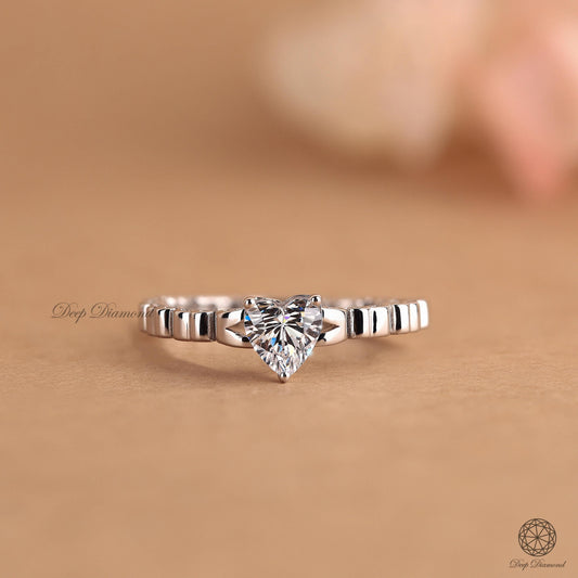 Heart Cut Lab Grown Diamond Ring with Art Deco Shank, IGI Certified 0.5–3 CT E/VS1 Diamond Engagement Ring, Dainty Solitaire Ring for Her