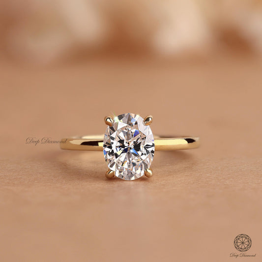 Oval Diamond Engagement Ring, IGI Certified 2 CT Lab Created Diamond Ring, Low Profile Solitaire Ring, Handmade Wedding Ring, Proposal Ring