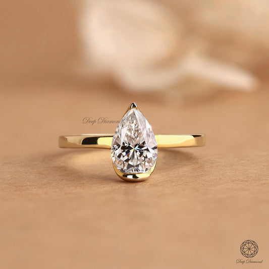 1.50 CT Pear Shaped Diamond Ring, IGI Certified Lab Grown Diamond Engagement Ring, Half Bezel Set Solitaire Ring, Perfect Fit Bridal Ring