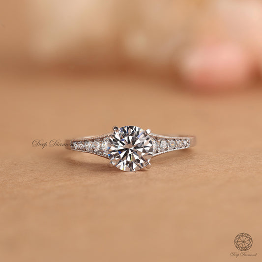 Round Diamond Engagement Ring, 1.0–2.0 CT E/VS1 Lab Grown Diamond Ring, Classic Side Set Pave Vintage Style Ring, Perfect Fit Wedding Ring