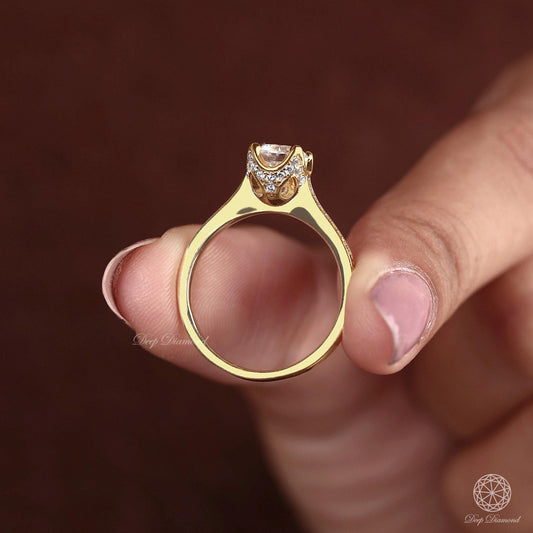 Round Diamond Engagement Ring, Tapered Side Pave Wedding Ring, IGI Certified F/VS1 Brilliant Cut Lab Grown Diamond Ring, Unique Halo Ring