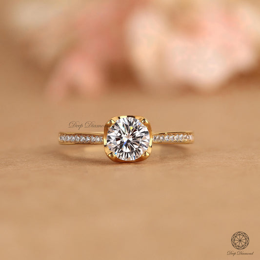 Round Diamond Engagement Ring, Tapered Side Pave Wedding Ring, IGI Certified F/VS1 Brilliant Cut Lab Grown Diamond Ring, Unique Halo Ring