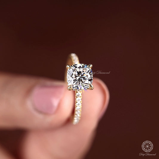 Cushion Cut Diamond Ring, IGI Certified F/VS1 Lab Grown Diamond Ring with Side Round Band, Hidden Halo Engagement Ring, Comfort Fit Ring