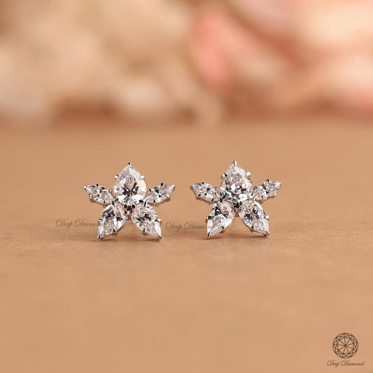 Cluster Diamond Stud, Marquise and Pear cut Lab Grown Diamond Studs, Five Stone Studs, Wedding Stud, Push Back/Screw Back Earrings For Women