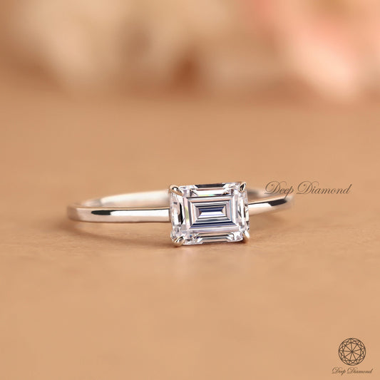 East to West Emerald Diamond Engagement Ring, 1 - 3 Ct IGI Certified Lab Created Diamond Ring, 14k White Gold Solitaire Ring, Proposal Ring