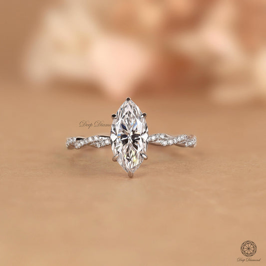 Marquise Cut 2 CT Lab Grown Diamond Engagement Ring, Hidden Halo Twist Band Ring, Anniversary or Birthday Gift for Women