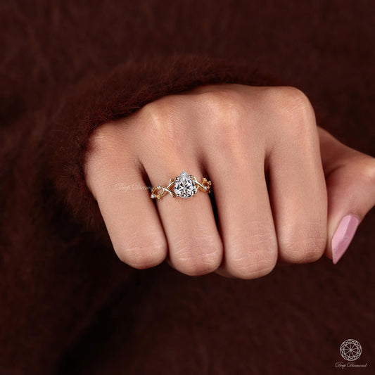 Pear Cut Lab Grown Diamond Engagement Ring, Nature Inspired Leaf Style Diamond Ring for Women, IGI Certified Diamond Ring, Proposal Ring